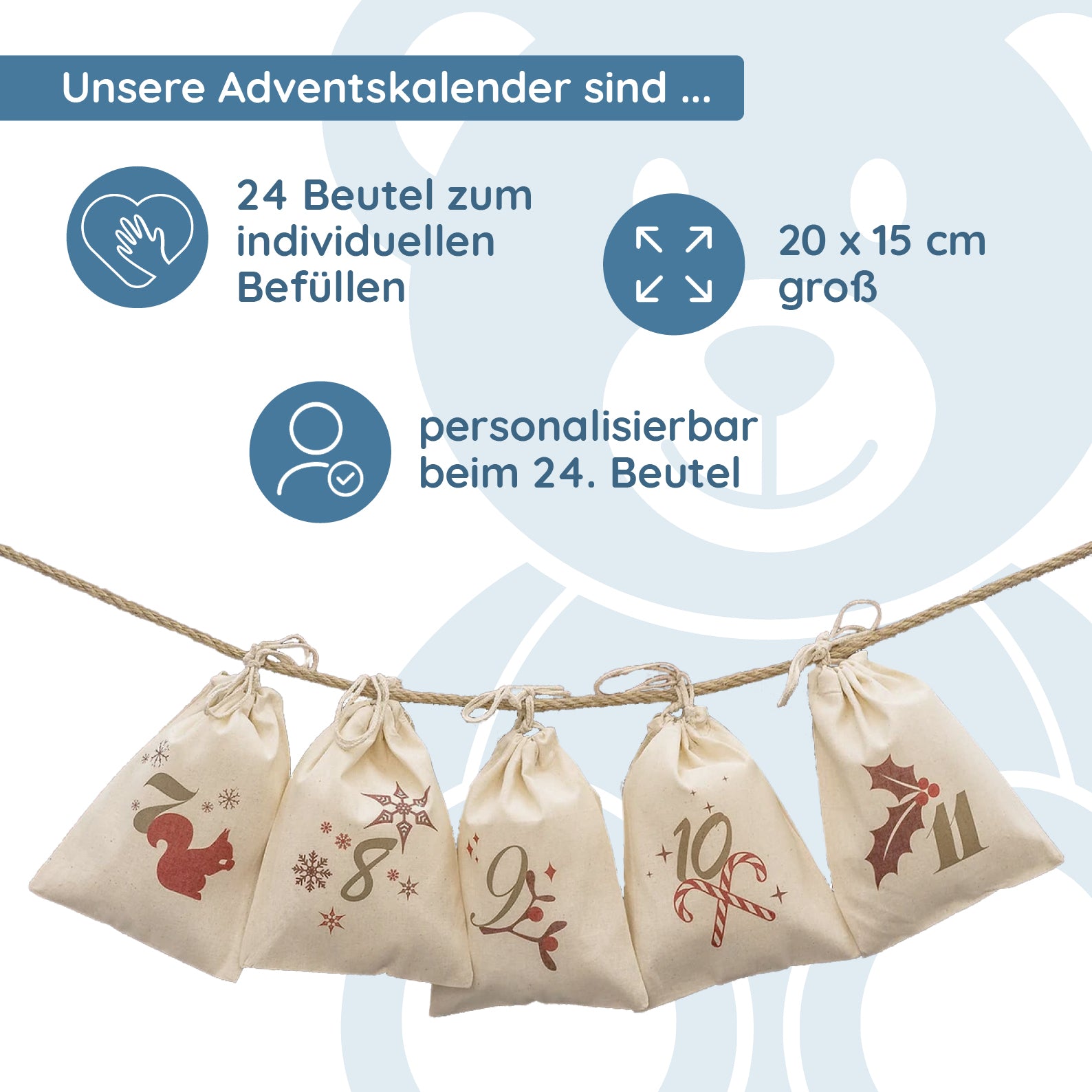 Adventskalender mit 24 Säckchen zum Befüllen & Personalisieren (mit Kordel) - kinder-druckerei.de