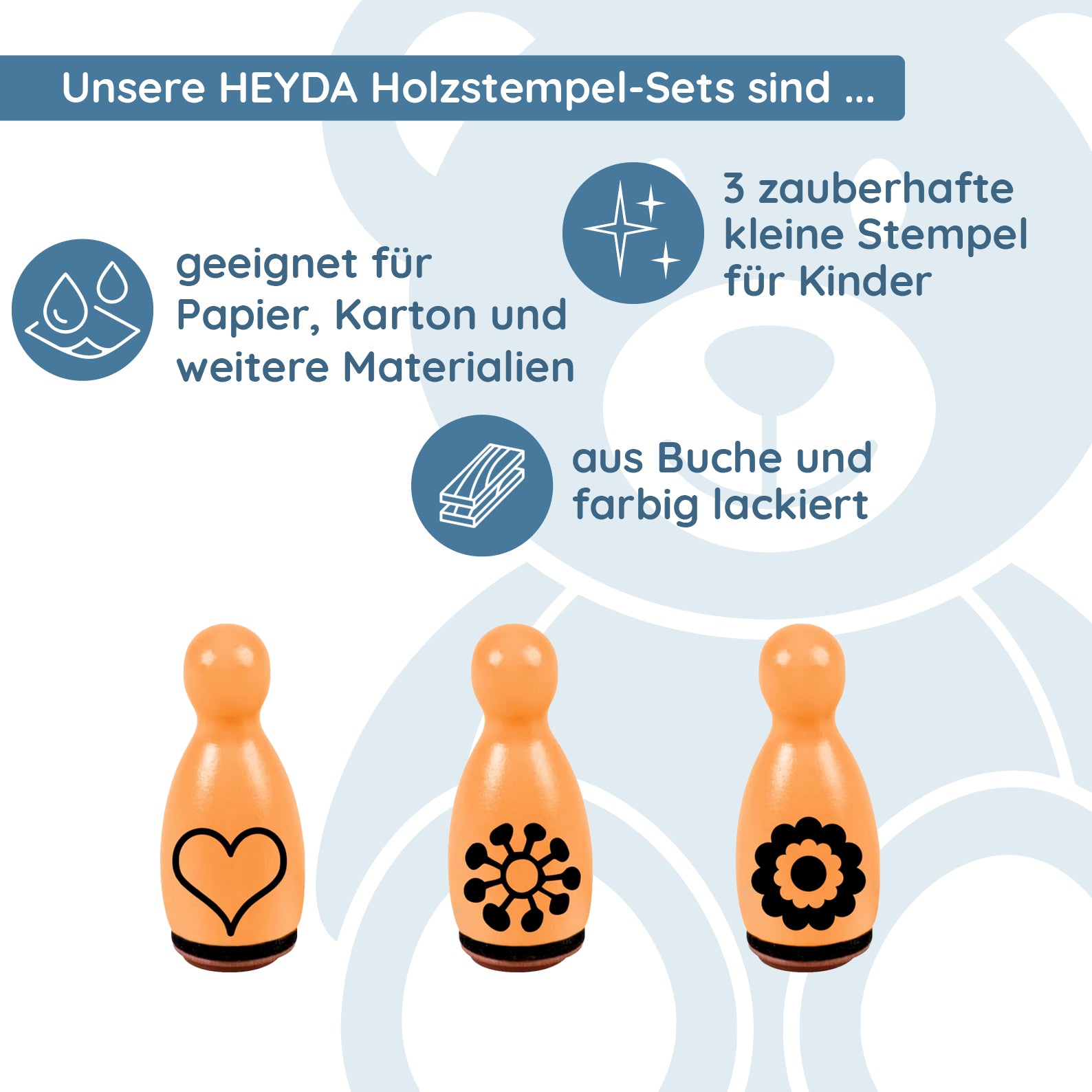 HEYDA Holzstempel-Figuren Set "Blumen & Herz" – Orange (3 Stück - Ø 12 mm) - kinder-druckerei.de