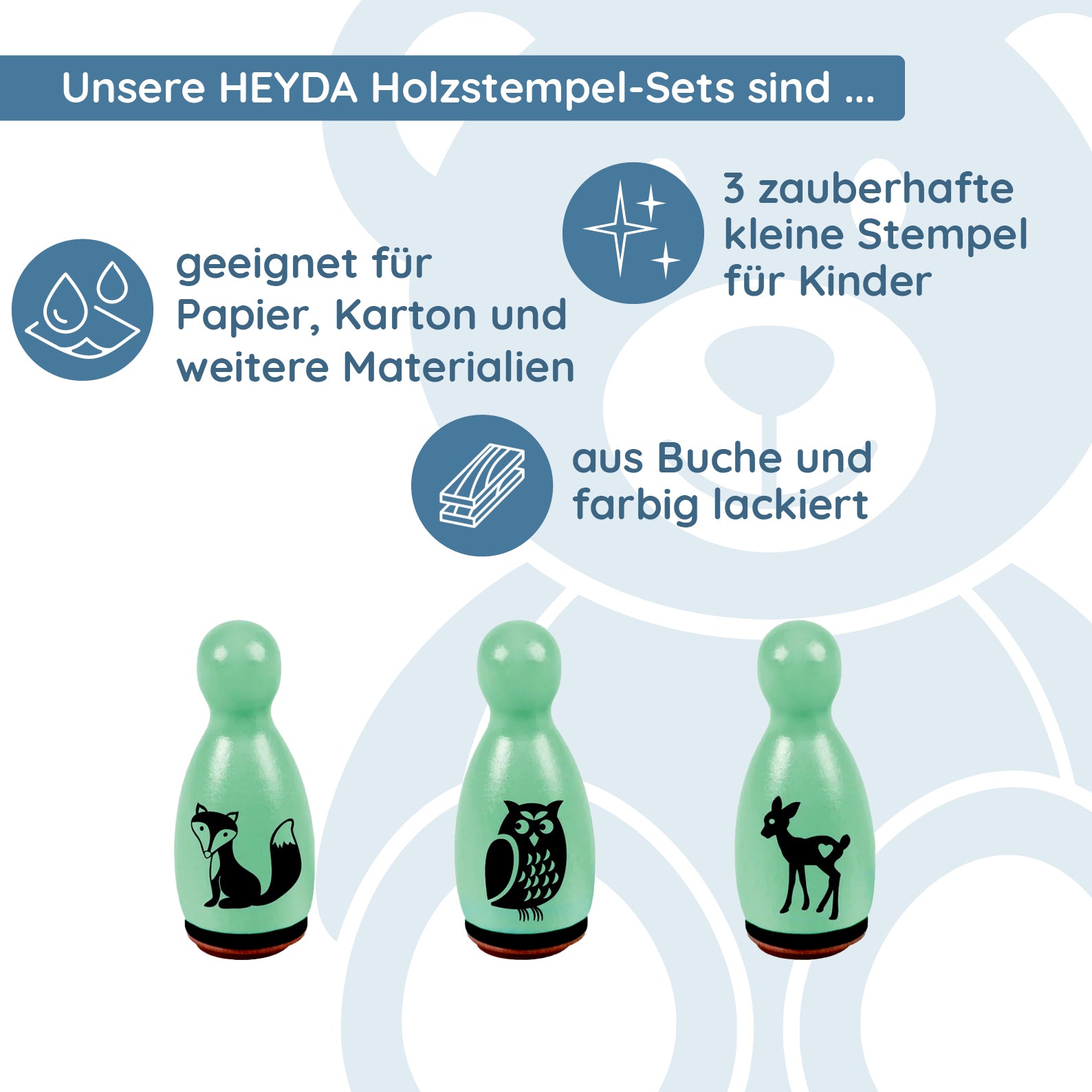 HEYDA Holzstempel-Figuren Set "Waldtiere" – Mint (3 Stück - Ø 12 mm) - kinder-druckerei.de