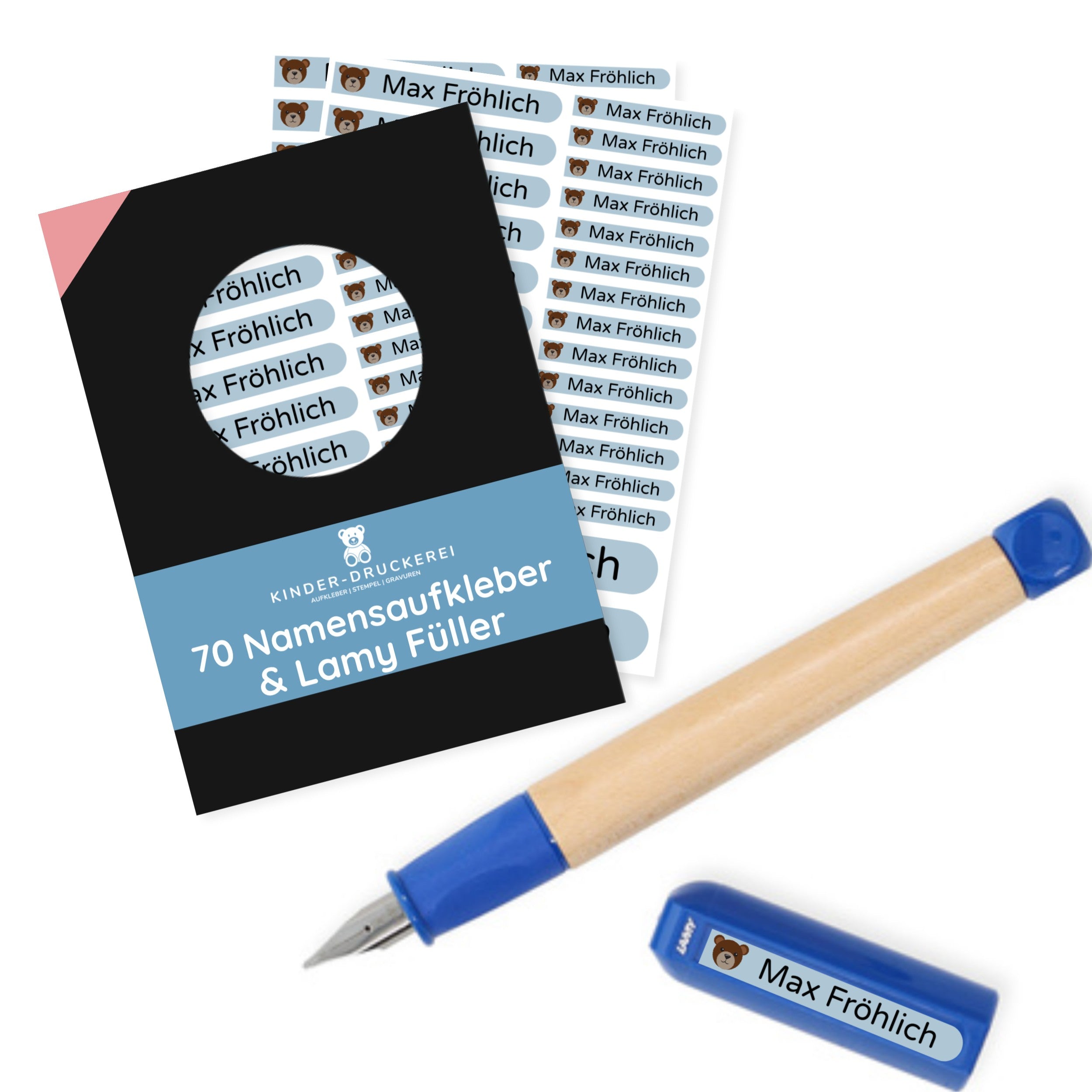 Personalisierter Lamy Schreiblern-Füller Blau & 70 Namensaufkleber - kinder-druckerei.de