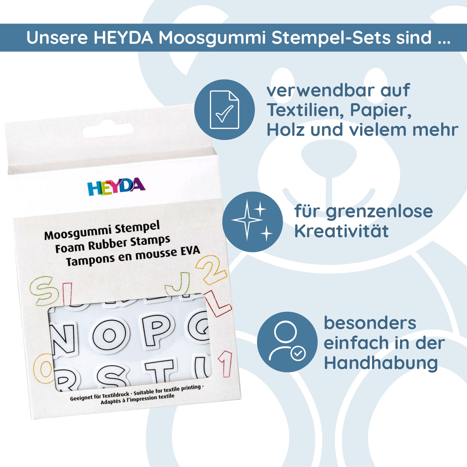 HEYDA Moosgummi Stempel-Set "Alphabet & Zahlen 1" (47 Stück) - kinder-druckerei.de