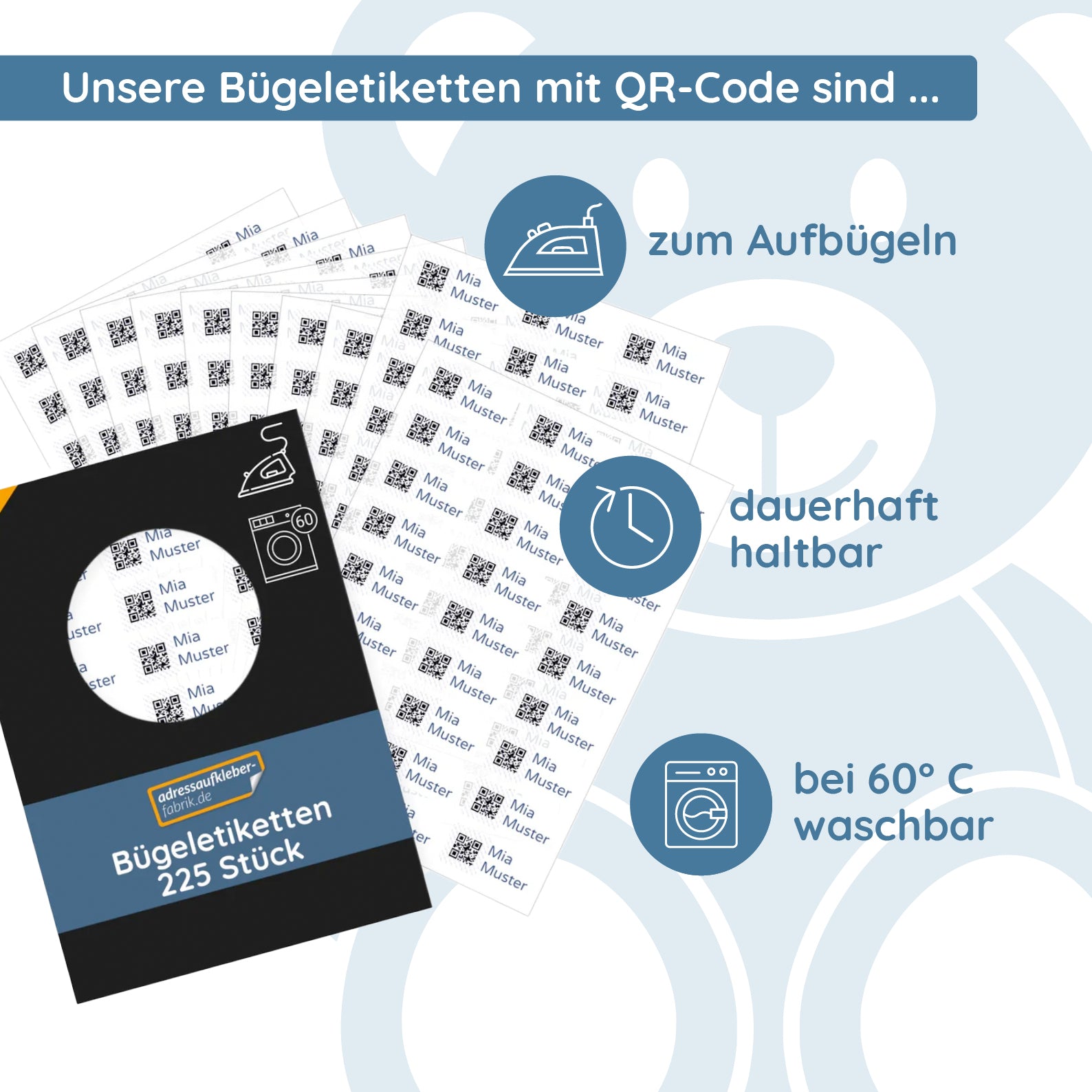 225 Stück Bügeletiketten mit QR Code 30x13 mm - kinder-druckerei.de